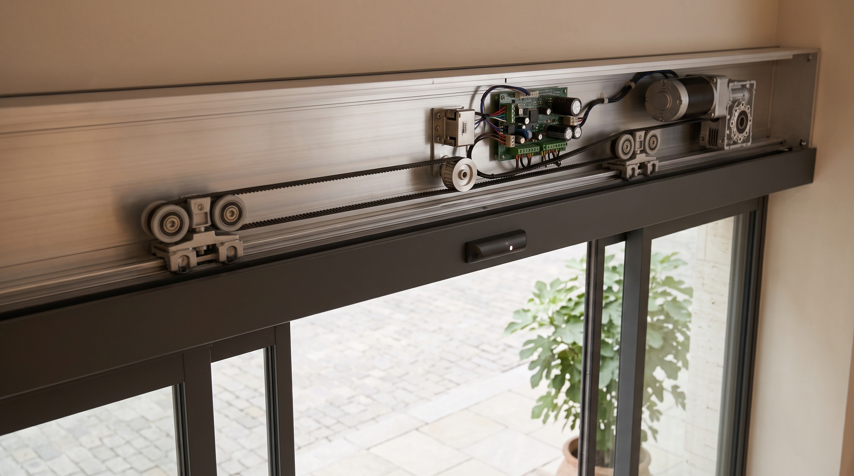 Motor, belt and sensor in the housing above an automatic sliding door