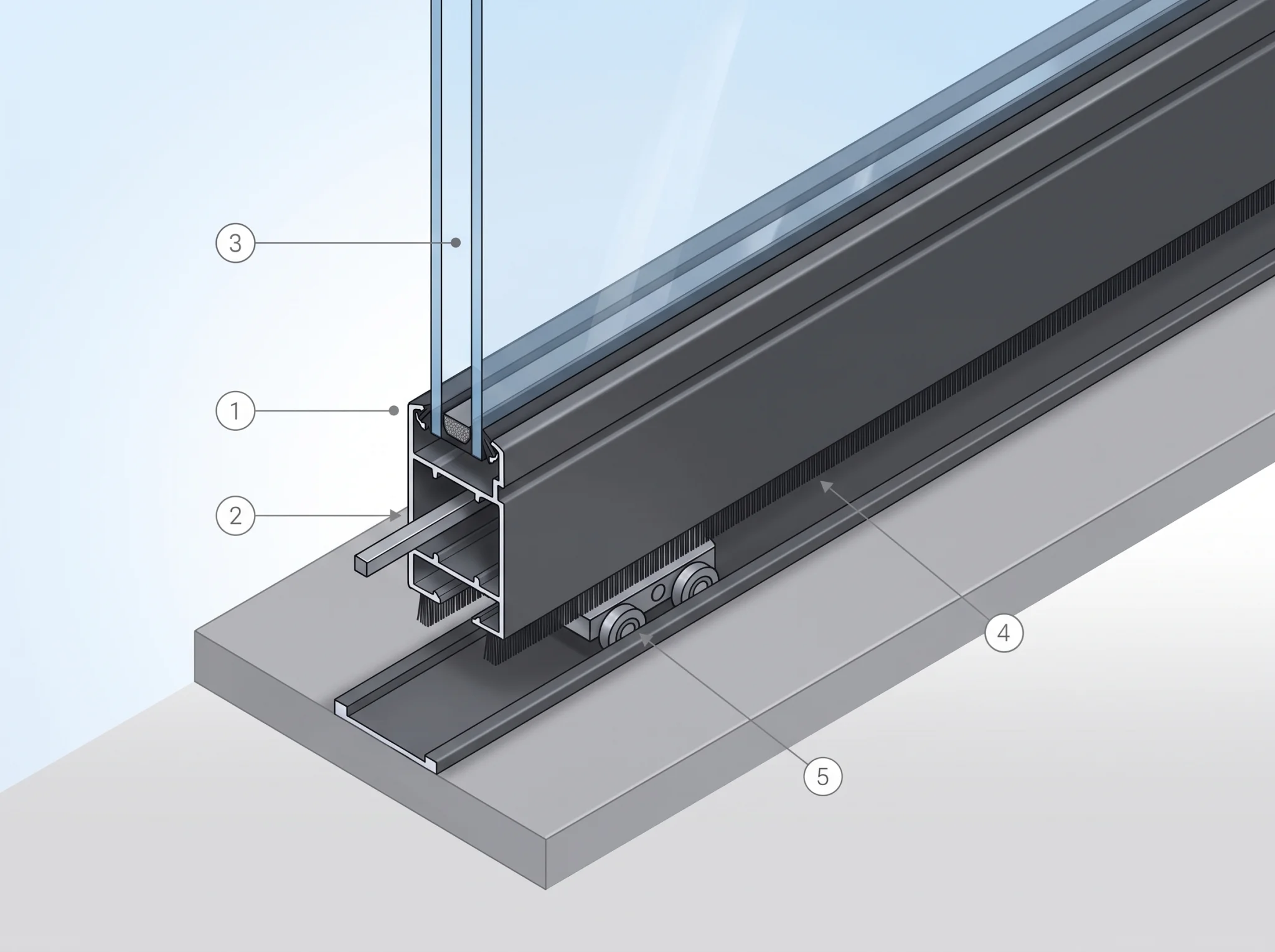 Querschnittzeichnung: Aluminiumprofil, Metallverstärkung, Isolierglas, Bürstendichtung, Rollenwagen