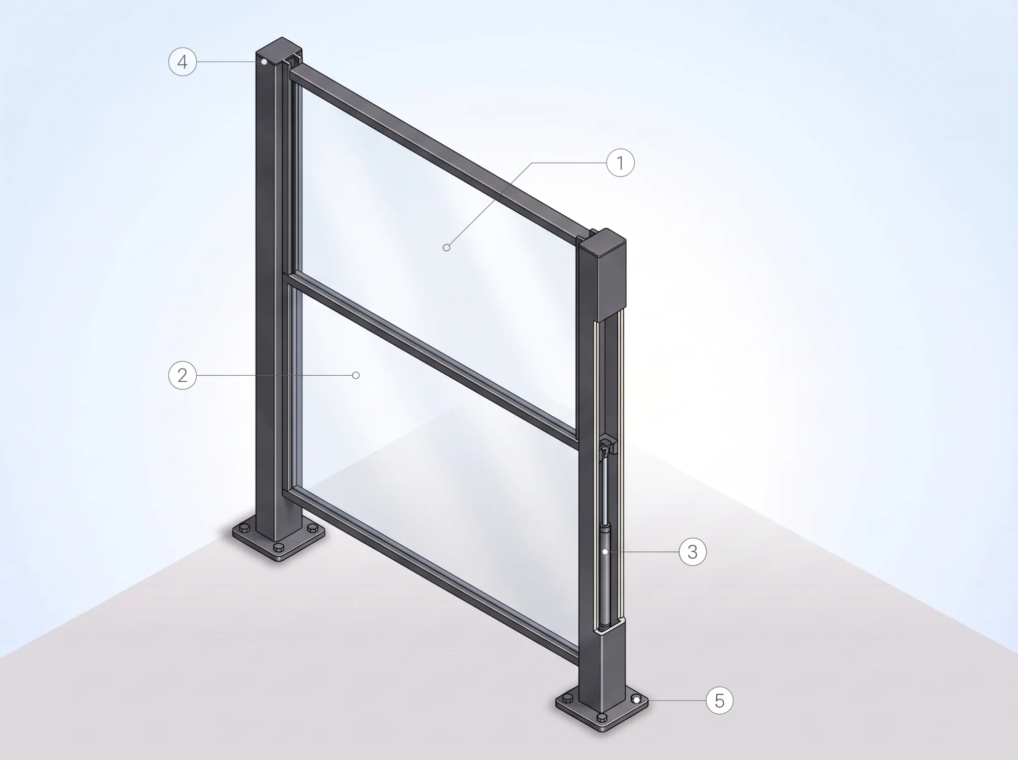Cross-section diagram: Moving upper pane, Fixed glass pane, Guide channel in the post, Top connection, Floor foot / planter base