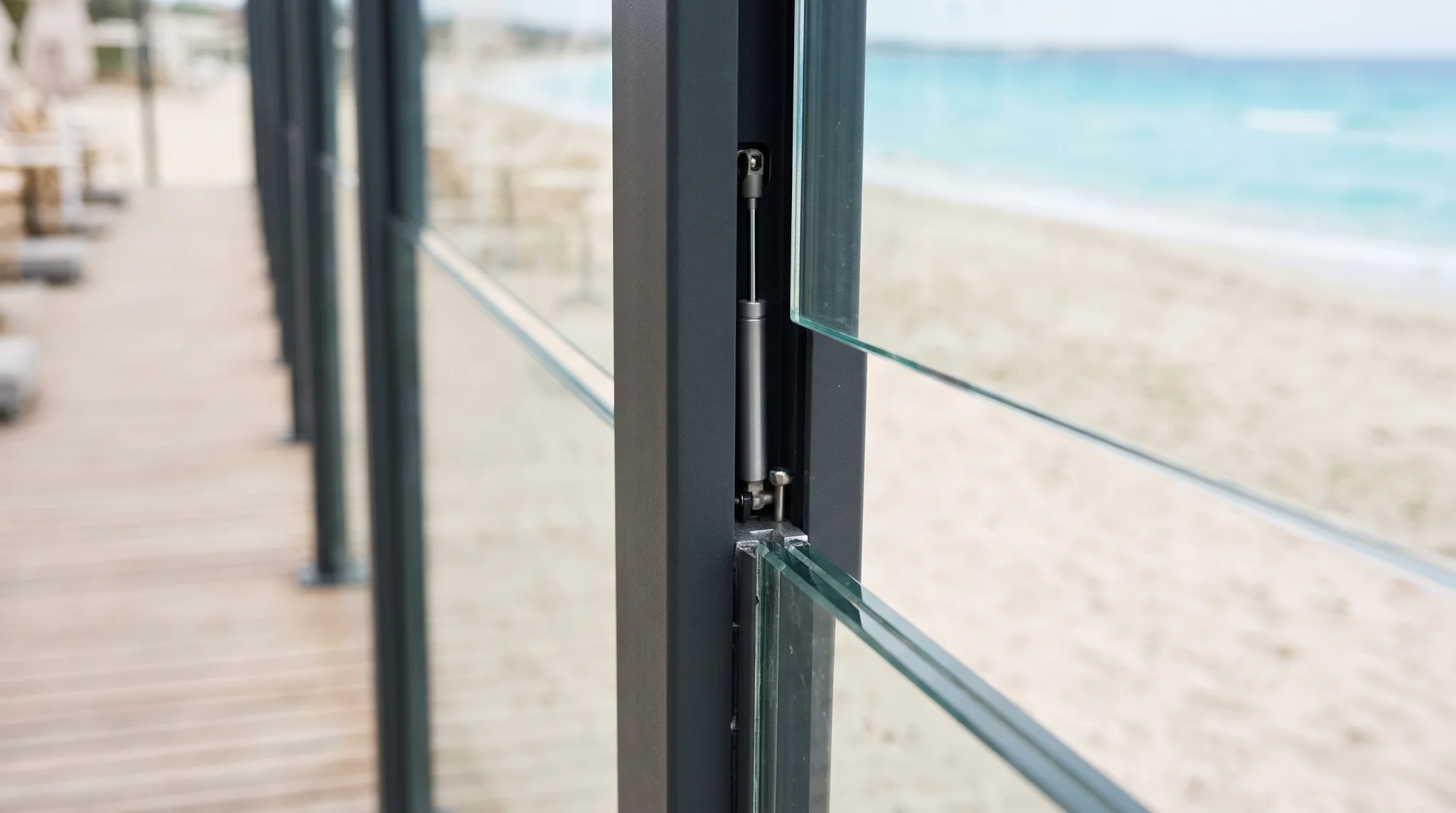 Windbreak unit with vertical post and raised upper glass panel.