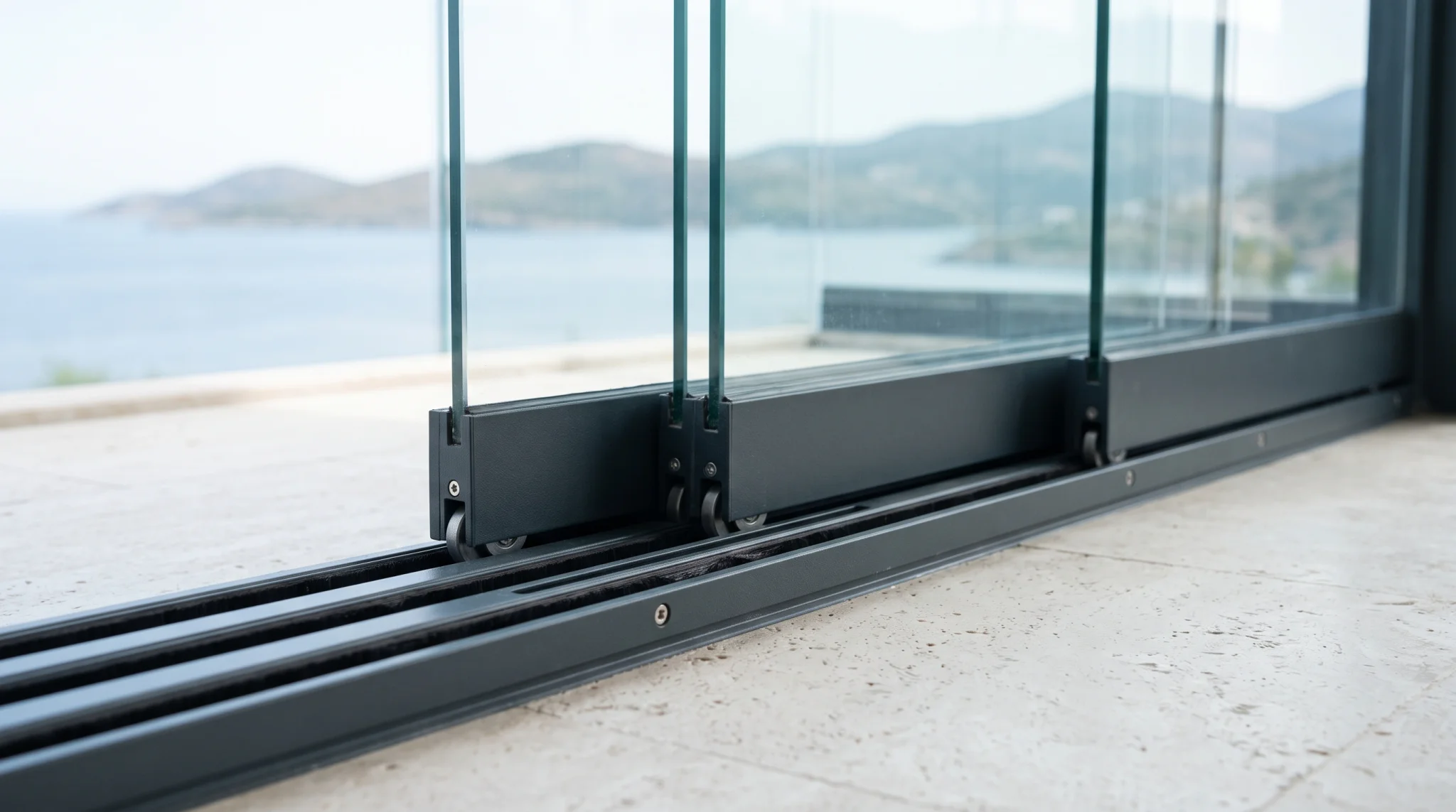 Close-up of sliding glass balcony panels gliding horizontally on parallel tracks