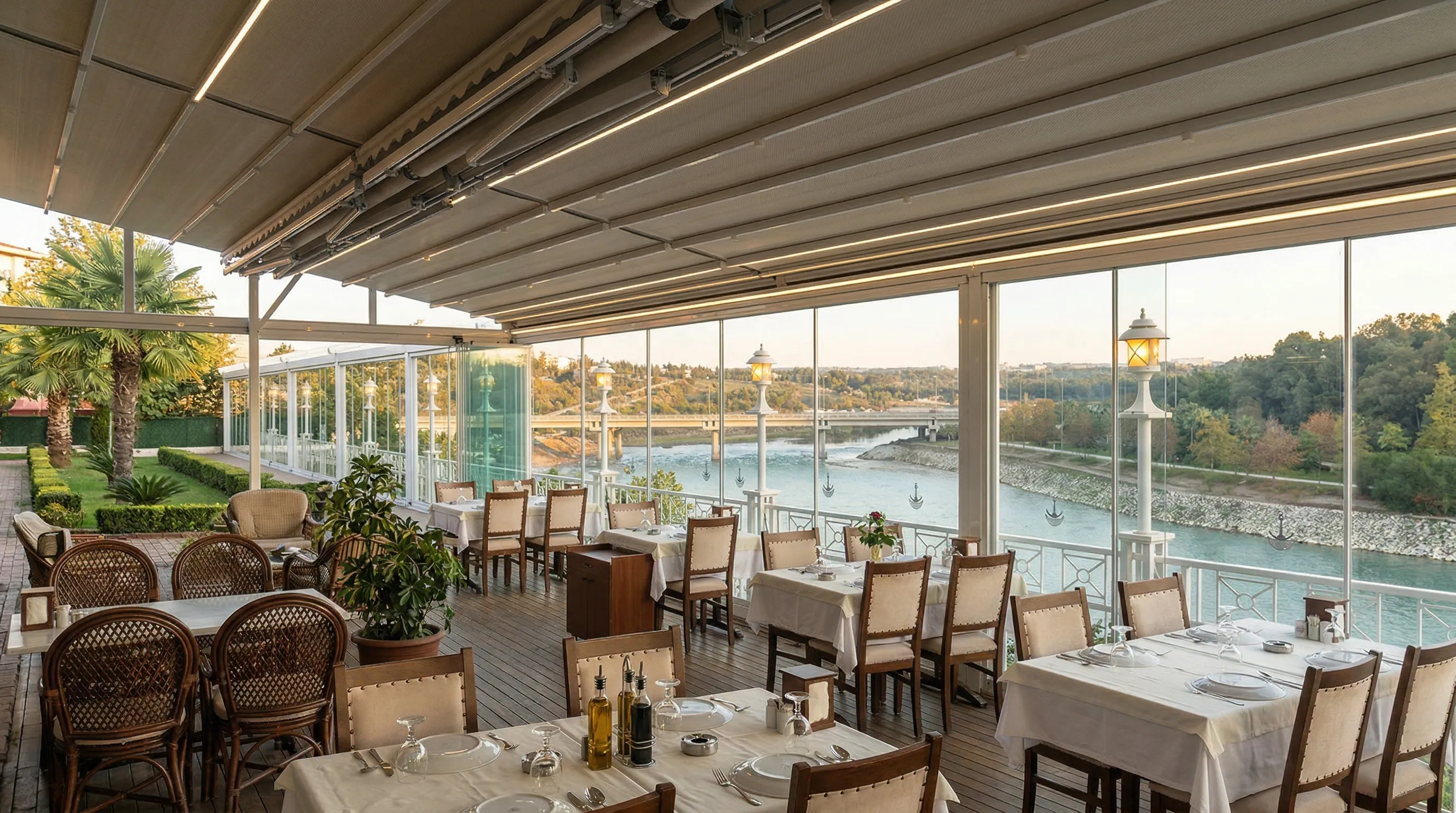 Çapa Restoran Adana - Motorlu Pergola Tente ve Katlanır Cam Balkon Teras Kapatma