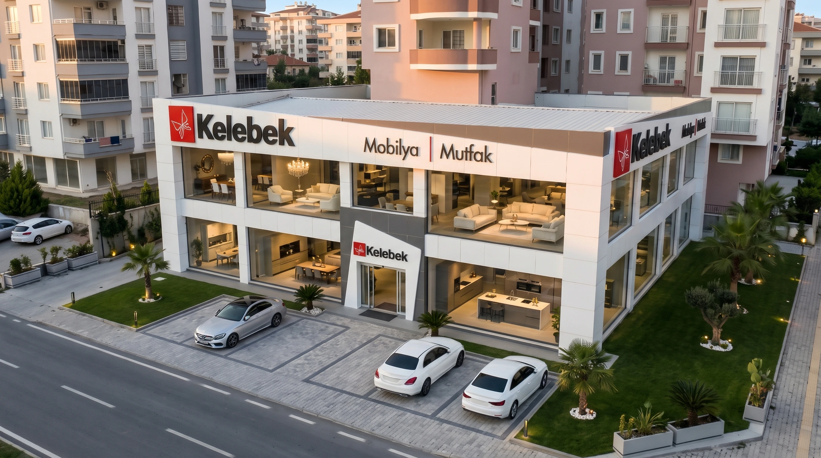 Kelebek Mobilya Adana - Çift Katlı Panoramik Cam Mağaza Cephesi ve Giriş Kapısı
